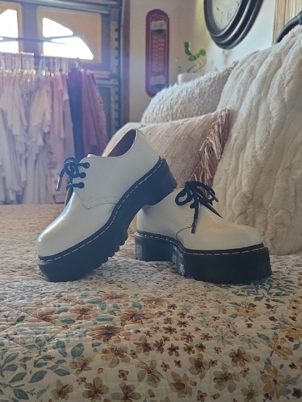 Dr. Martens White Platform Lace-Up Oxfords with Black Sole